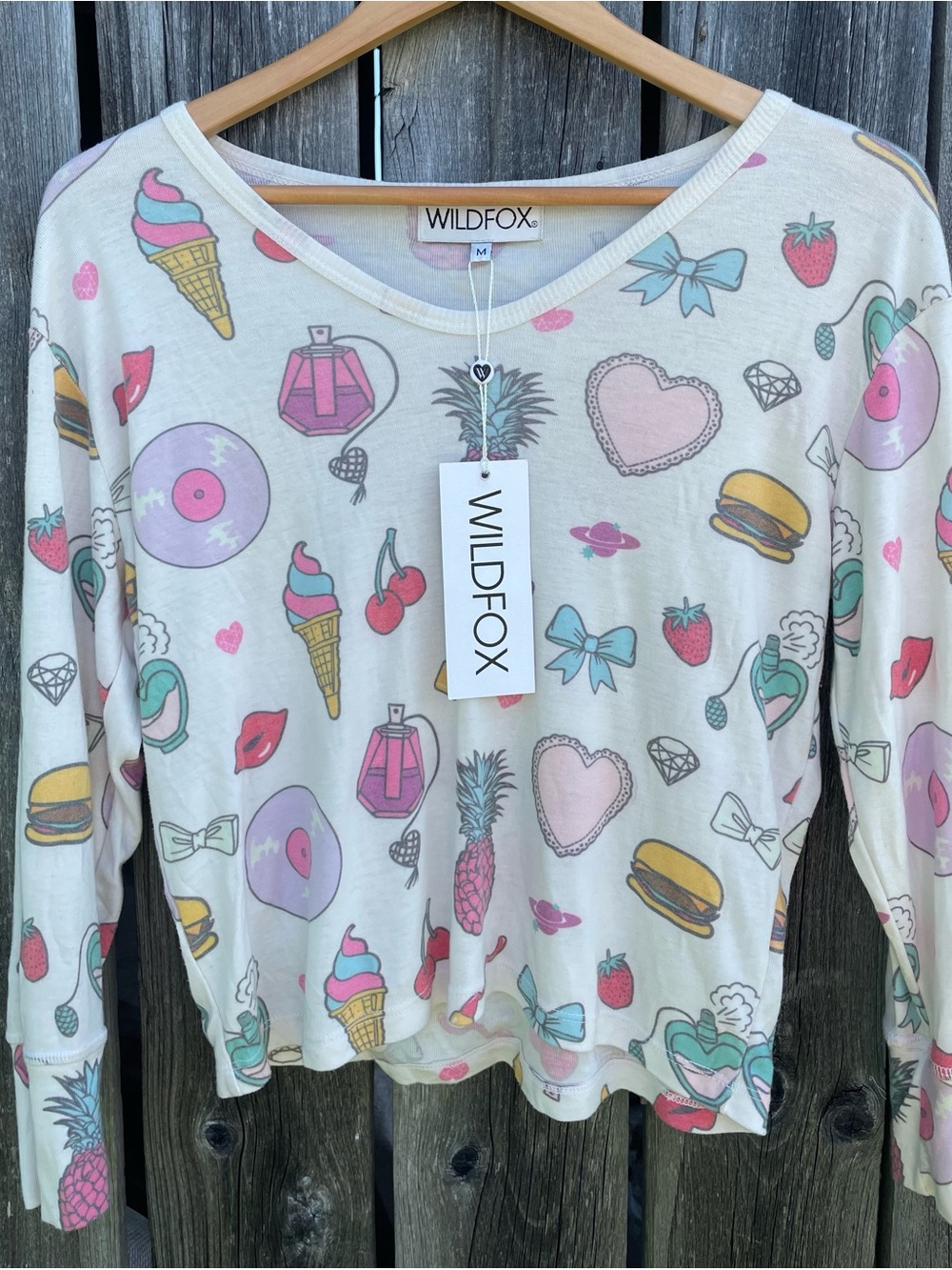 Wildfox Cream Long Sleeve Top with Pink & Mint Novelty Print